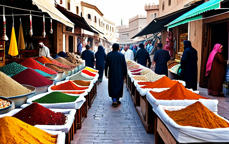 Traditional Marketplace Scene**

"A vibrant and bustling traditional Arabic marketplace (souk), fully clothed vendors selling colorful textiles and spices, family-friendly atmosphere, modest clothing, safe for work, appropriate content, natural proportions, well-formed hands, professional photography, high detail."