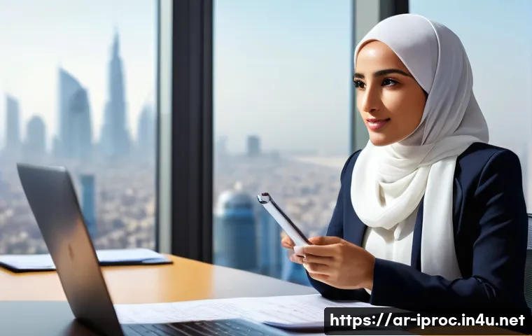 구매조달사로 성공적인 직장생활을 하는 방법 - A professional Middle Eastern businesswoman in a modern office setting, wearing modest business atti...