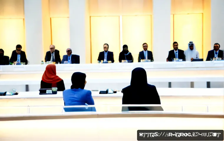 구매조달 관련 국제 회의와 세미나 참석 후기 - Photorealistic international procurement conference in a modern Gulf city convention hall, diverse A...